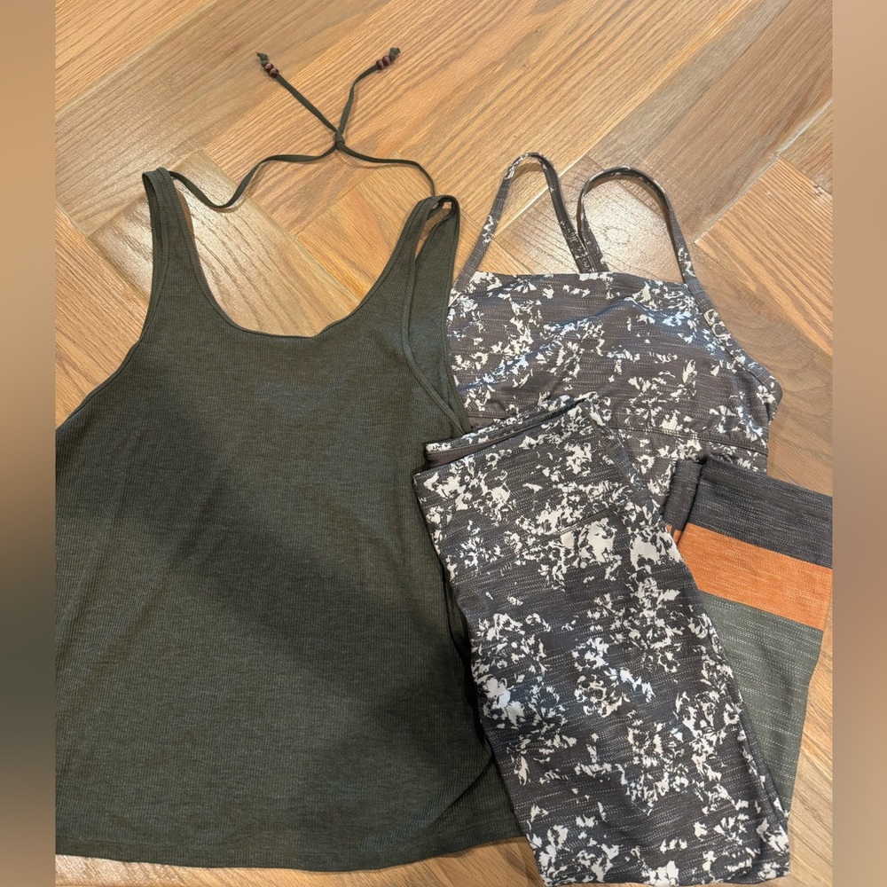 Prana Women's Green and Gray Tank Top, sports bra and leggings
